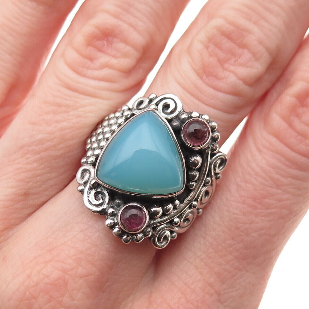 Sajen Sterling Silver Vintage Real Chalcedony Tourmaline Adjustable Ring Size 9
